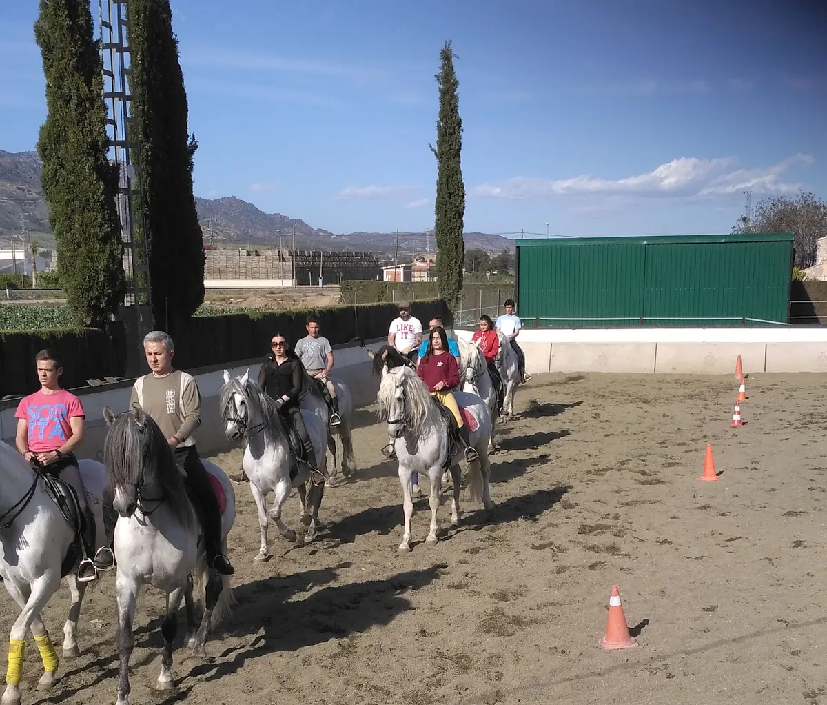 Grupo de jinetes montando caballos tordos en el picadero del Centro Hípico El Valle