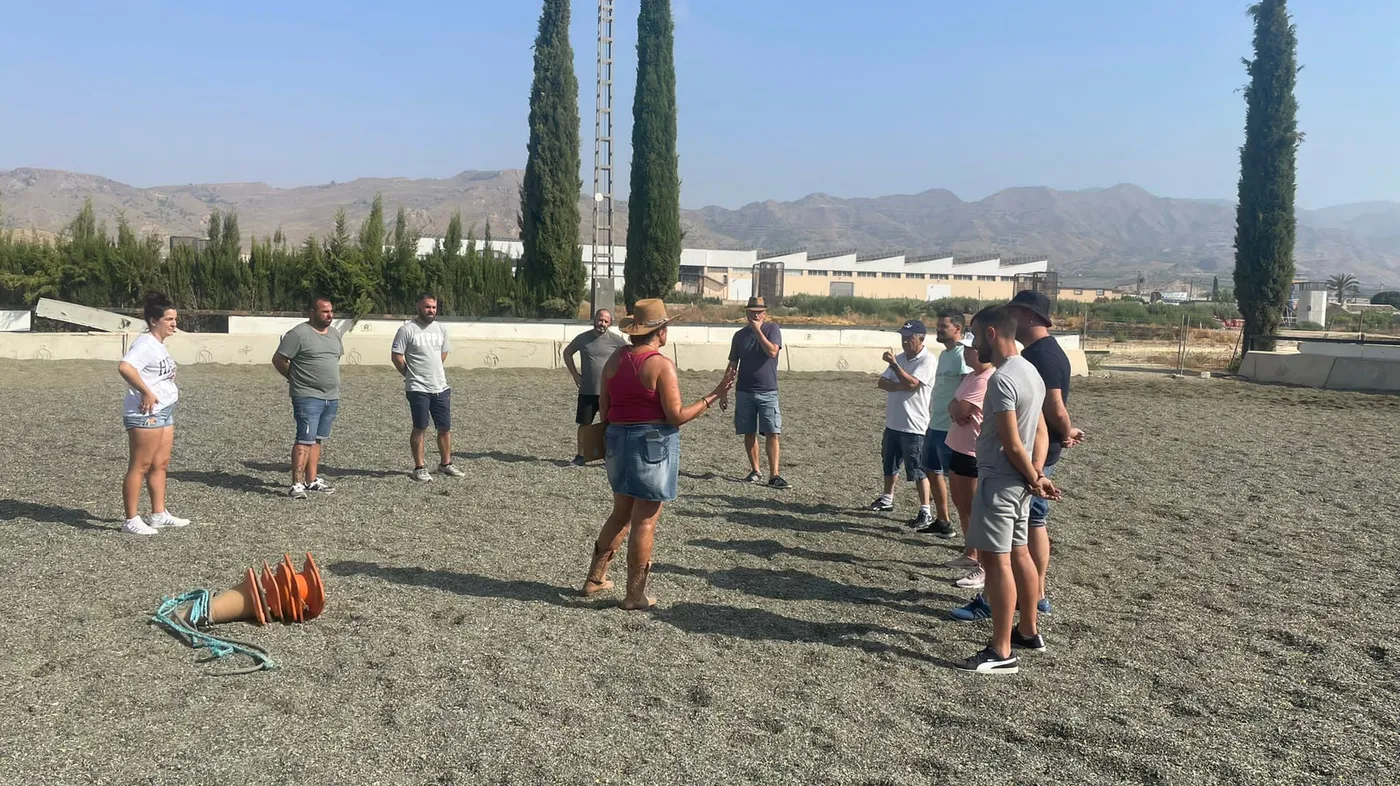 Sesión de coaching con caballos en el picadero, con un grupo de adultos en círculo